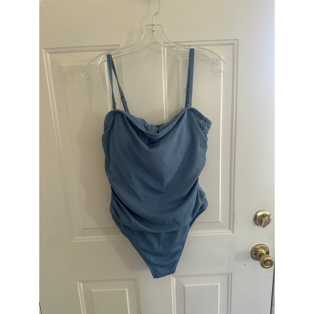 Shade & Shore Blue Ribbed Cowl Neck One Piece Swimsuit XL 16 Ruching Adjustable